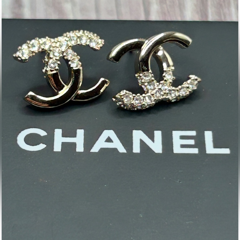 CHANEL Silver CC Rhinestone Accent Pierced Stud Earrings + Box & Bag - Picture 5 of 15